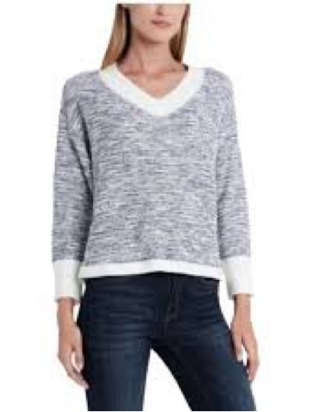 Vince Camuto Heather Gray V-Neck Sweater with White Trim